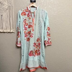 Khaadi Pret women sz 12 Mint Kurta with Coral Trim floral embroidered